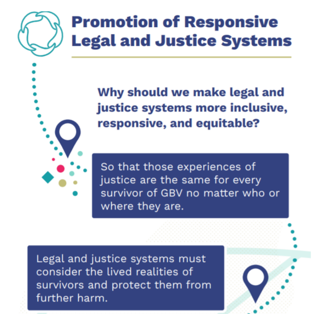 Promotion of Responsive Legal and Justice Systems: Why should we make legal and justice systems more inclusive, responsive, and equitable? So that those experiences of justice are the same for every survivors of GBV no matter who or where they are. Legal and justice systems must consider the lived realities of survivors and protect them from further harm.